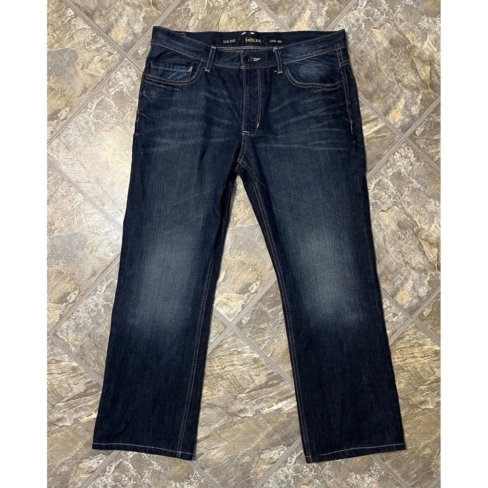 Helix Slim Boot Jeans Mens 34x30 Dark Wash Blue Contrast Stitching